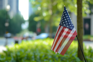 American flag in the city with blur background, memorial day. Generative AI