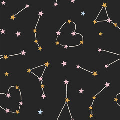 Vector seamless pattern with stars and constellations. Adorable cosmic vector pattern for kids design, fabric, wallpaper. Lovely childish celestial background in flat style. Cartoon sky illustration