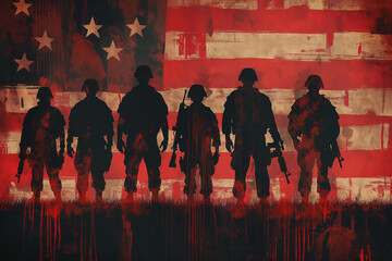 A dramatic image of United States military heroes silhouetted before the nation's flag, celebrating Veterans Day, Memorial Day. Generative AI