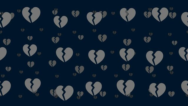 Broken heart symbols float horizontally from left to right. Parallax fly effect. Floating symbols are located randomly. Seamless looped 4k animation on dark blue background