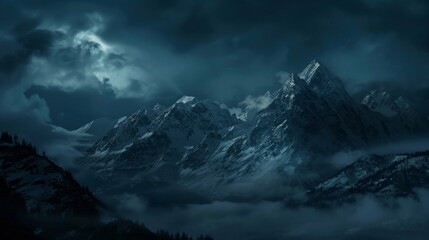snowy mountains covered in clouds during a dark night generative ai - obrazy, fototapety, plakaty