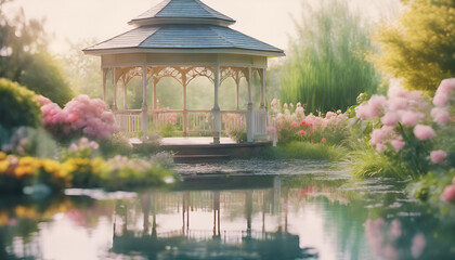 A white gazebo in the middle of an English garden with many flowers, surrounded by water. Generative AI.