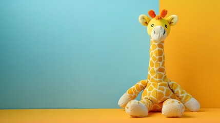 Yellow giraffe plush toy on colored background