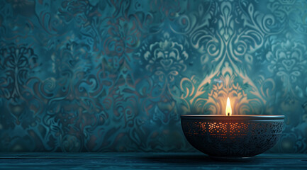 A single lit candle in an elegant, decorative bowl against the backdrop of intricate blue wallpaper with soft lighting and copy space for text