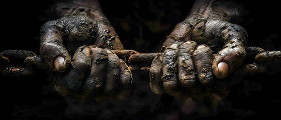 Image depicting the harsh reality of modern slavery and human trafficking with hands in shackles symbolizing captivity and exploitation. Concept Social Issues, Human Rights, Modern Slavery