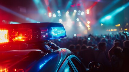 Police car with flashing red blue light parked at a music event