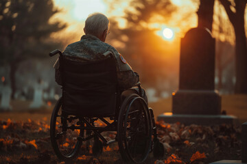 A military veteran in a wheelchair, at a military cemetery, honors the memory of fallen colleagues. Generative AI - Powered by Adobe