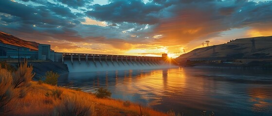 Grand Coulee Dam at sunset in Washington State largest US power station irrigates farmland displaced people flooded ancestral sites. Concept Historical Landmarks, Sunset Photography - obrazy, fototapety, plakaty