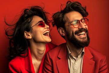 Intimate couple in red embracing passionately