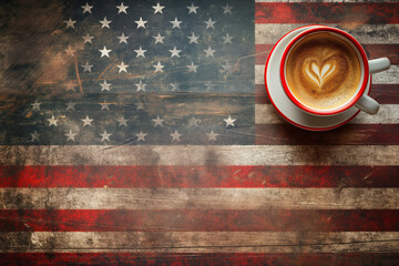 Cup of coffee on background of American flag. Generative AI