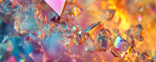 Crystals reflecting rainbow prism color light, closeup macro detail - abstract crystalline background. Generative AI