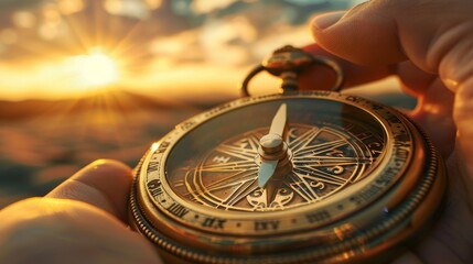 Person holding a compass in front of a sunset - obrazy, fototapety, plakaty