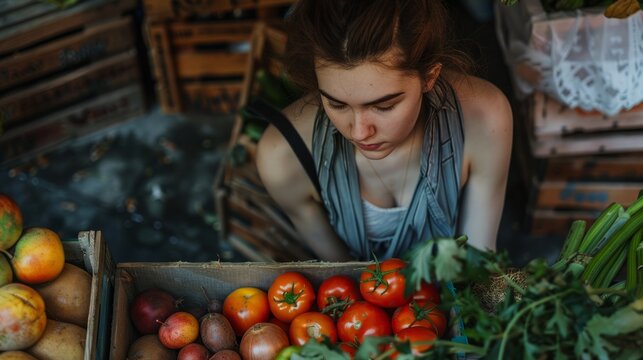 Young woman with basket of fruits and vegetables generative ai
