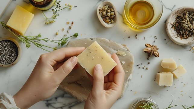 Person making soap at a table with ingredients.