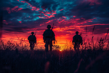 Field at sunset, soldiers silhouettes, a tribute to service and sacrifice. Generative AI - obrazy, fototapety, plakaty