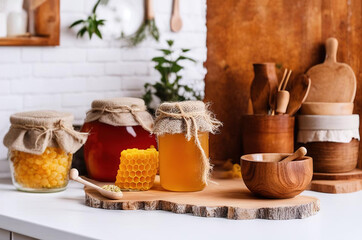 Various sizes of glass containers filled with assortments of fresh raw honey