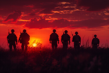 Fototapeta na wymiar Field at sunset, soldiers silhouettes, a tribute to service and sacrifice. Generative AI