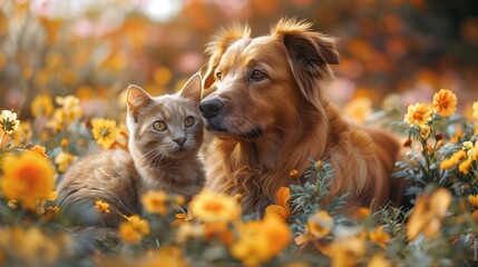 En el suave abrazo de la luz primaveral, un gatito jengibre y un perro dorado comparten un momento de silencioso entendimiento en medio de un mar de caléndulas en flor.