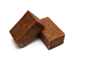 square bar of soap on white background