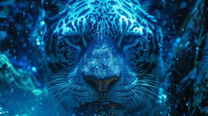 Bañado en el baile cósmico de azules estrellados, la mirada de un leopardo atraviesa el velo celestial, susurrando secretos del cielo nocturno salvaje. - obrazy, fototapety, plakaty