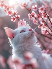 Un gato blanco huele el aire primaveral, sus bigotes teñidos de luz solar, entre una delicada lluvia de flores de cerezo rosadas, encarnando la pureza y renovación de la estación. - obrazy, fototapety, plakaty