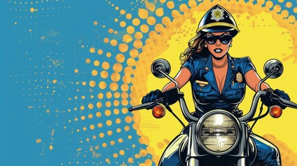 Vector illustration of female police officer with motorcycle. Comic book.