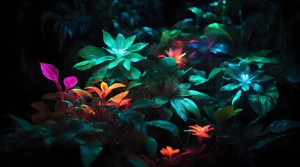 Fototapeta na wymiar Glowing Tropical leaves colorful flower, flowers in the night, background with flowers. Generated AI