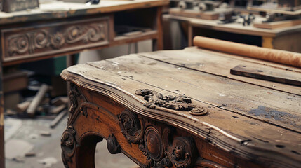 carved pieces of wooden furniture with scrolls and floral motif in a carpenter's workshop - obrazy, fototapety, plakaty