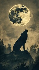 Old style illustration of a wolf howling at the moon set against a dense mysterious forest background