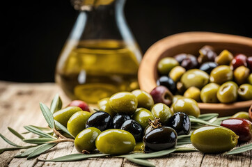 Pouring extra virgin olive oil in a glass bowl  and olives