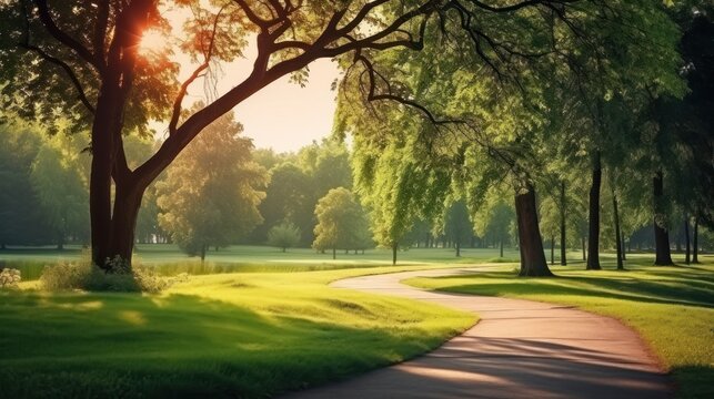 New pathway and beautiful trees track for running or walking and cycling relax in the park on green grass field on the side of the golf course. Sunlight and flare background concept