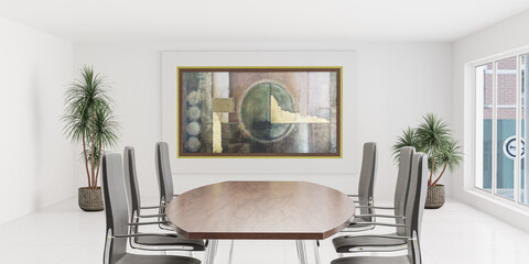 Contemporary conference room with oval wooden table and chrome chairs under art piece 3d render illustration