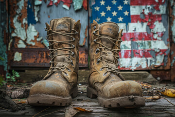 Old military combat boots. Memorial Day or Veterans day concept. Generative AI