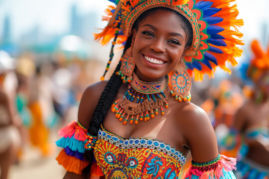 Vibrant parade marching through city streets, featuring music, dance, and colorful floats to honor the end of slavery in the U.S.