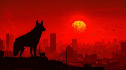 Naklejka premium Retro style illustration of a dog on an adventure with a detailed cityscape background and sunset hues