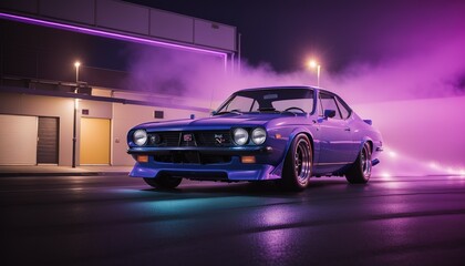 Fototapeta na wymiar Purple classic sports car on the city street in night