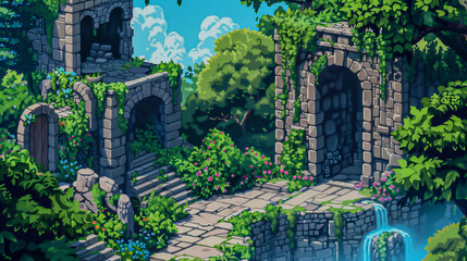 Design a pixelated cartoon environment for an game featuring biophilic design principles in a highly detailed 2D format.