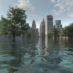 Rising sea levels lap at coastal cities a visualization of global warmings encroaching impact - obrazy, fototapety, plakaty