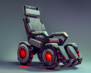 Illustrate a futuristic wheelchair accessory for a character in a pixelated cartoon world.
