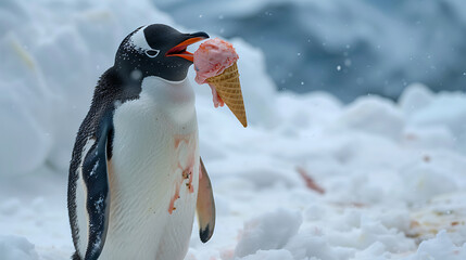 Penguin's Icy Treat: Licking Ice Cream Cone in Snowy Landscape [created with generative AI technology] - obrazy, fototapety, plakaty