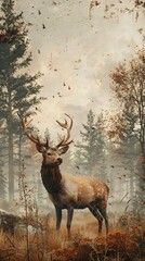 Rustic deer standing in a serene forest clearing vintage style with soft muted earth tones