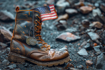 Old military combat boots with tags and a small American flag. Generative AI
