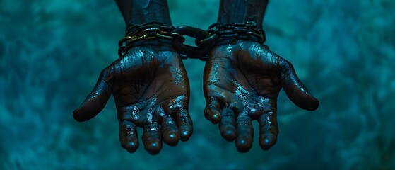 Image of shackled hands representing the global issue of human trafficking and modernday slavery. Concept Global Issues, Human Trafficking, Modern Slavery, Shackled Hands, Awareness Campaign - obrazy, fototapety, plakaty