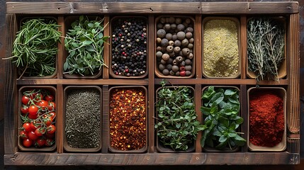 herbs and spices on a wooden table