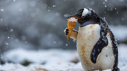Penguin's Icy Treat: Licking Ice Cream Cone in Snowy Landscape [created with generative AI technology]