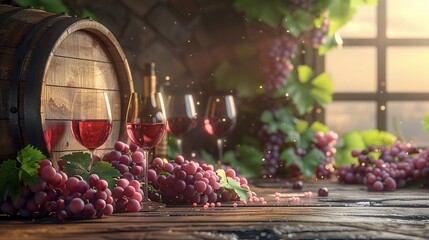 A luxurious arrangement of bottles and wineglasses set on a polished wooden table, interspersed with fresh grape bunche - obrazy, fototapety, plakaty