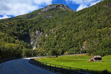 Waterfall Stalheimfossen on river Naeroydalselvi at Stalheim in Norway, Europe
