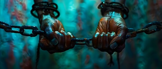 Shackled Hands: A Symbol of the Global Issue of Human Trafficking and Modern-Day Slavery. Concept Human Trafficking, Modern-Day Slavery, Global Issues, Social Justice, Shackled Hands - obrazy, fototapety, plakaty