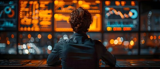 A focused businessman analyzing digital finance data graphs to make strategic investment decisions. Concept Business Analytics, Data Visualization, Investment Strategies, Financial Analysis