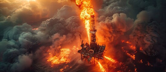 Aerial View of Drilling Rig Amid Raging Oil Well Blowout Inferno